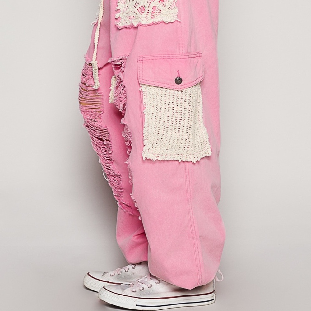 POL Pink Distressed Wide-Leg Track Pants with Crochet Pockets - Picture 4 of 12
